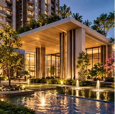 My Home Bangalore clubhouse and water features at dusk, artist's impression